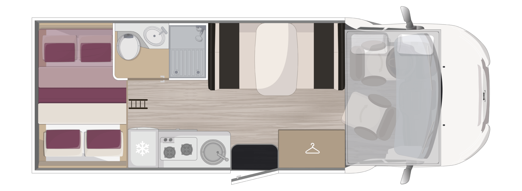 Plano oficial de la McLouis Glamys 320: literas atrás, baño y salón en el lado del conductor, cocina y puerta en el lado derecho